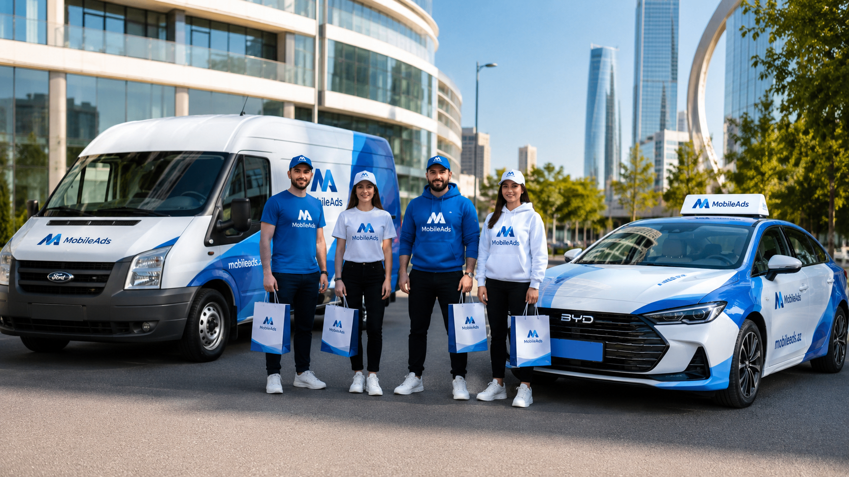 Mobileads.az branded fleet with promotional team